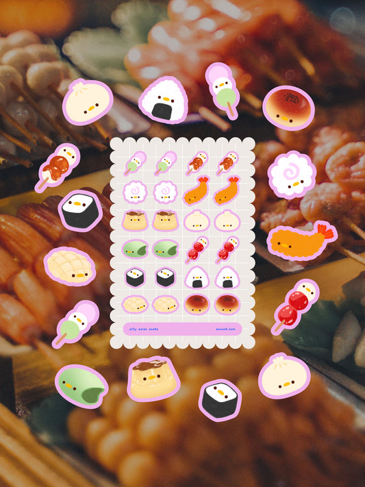 silly asian snacks 🪿🍙🍡 sticker sheet